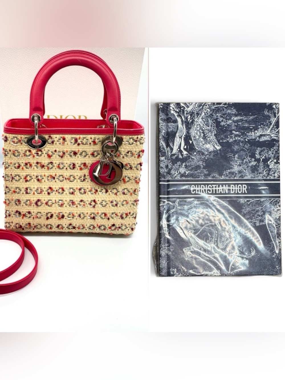 ⭐️CD⭐️Christian Dior Medium Pink Woven Raffia LADY DIOR & Journal Bundle